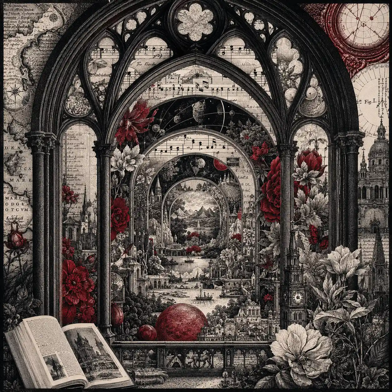 Finestra gotica che rivela mondi surreali annidati di mappe e musica