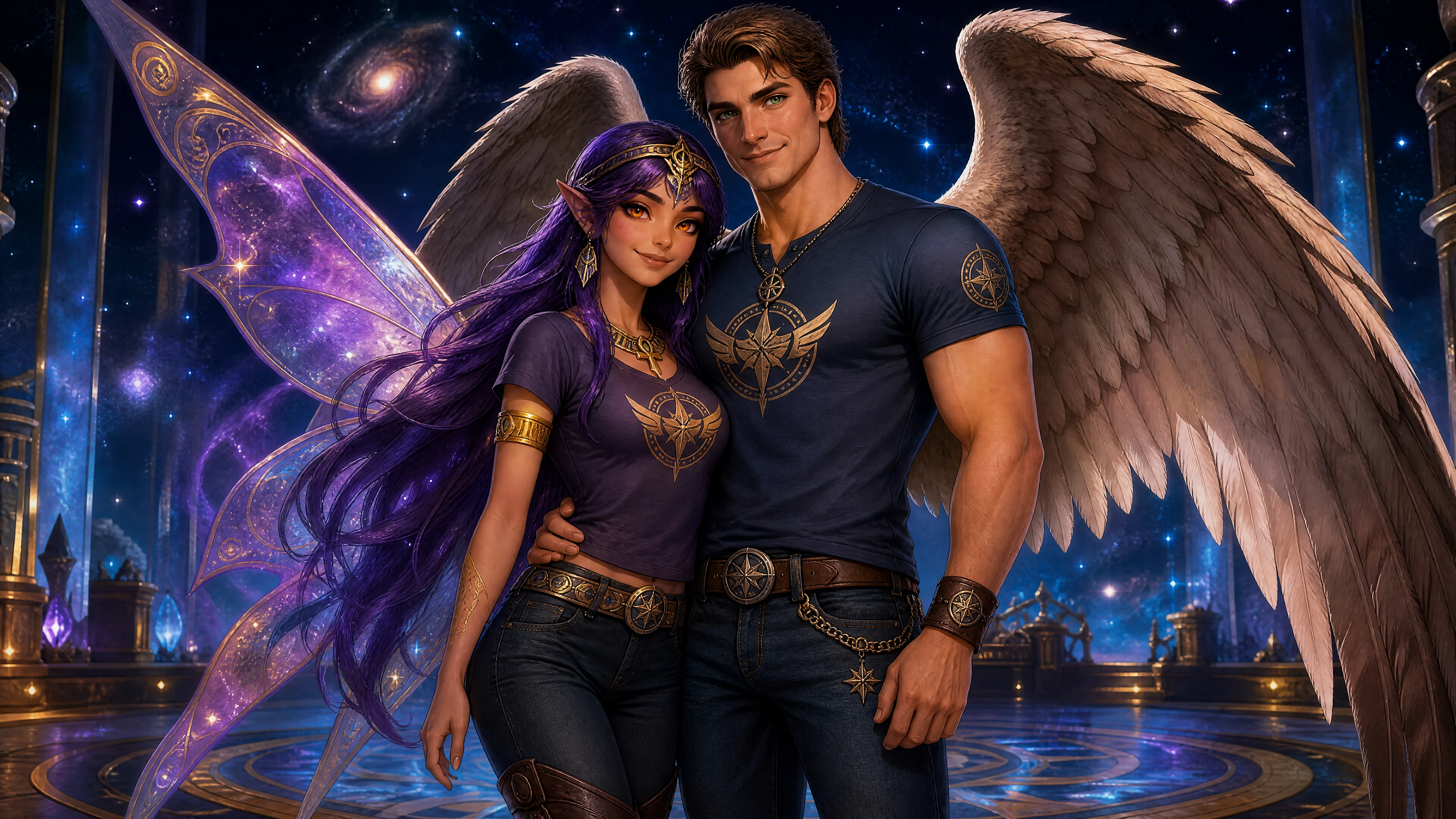Egyptian fairy woman with cosmos wings and long purple hair
