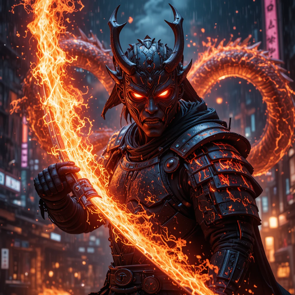 Cyberpunk samurai warrior in burning neon tokyo streets