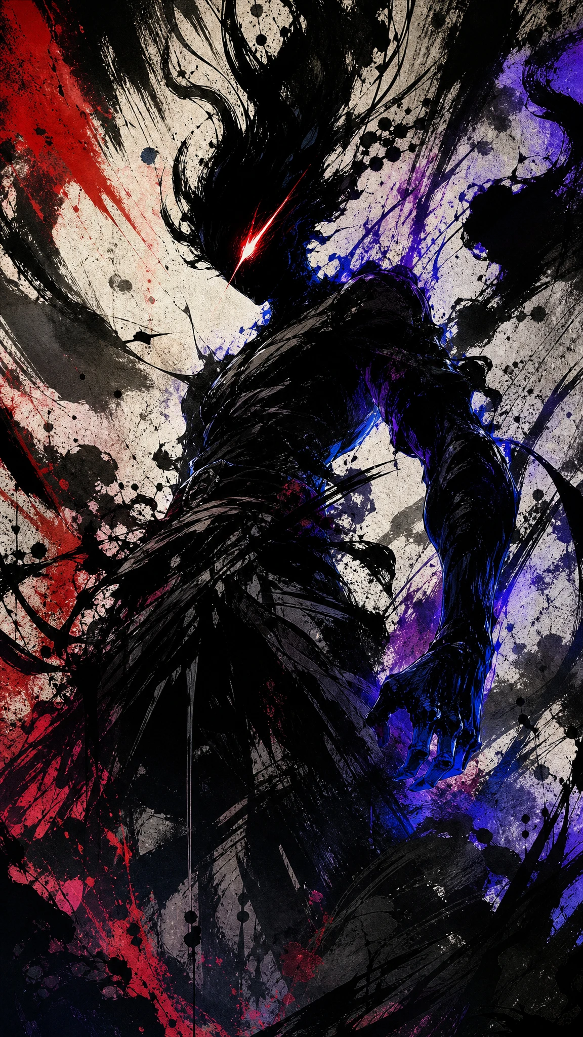 Silhouette humanoïde émergeant d’une violente explosion d’encre abstraite