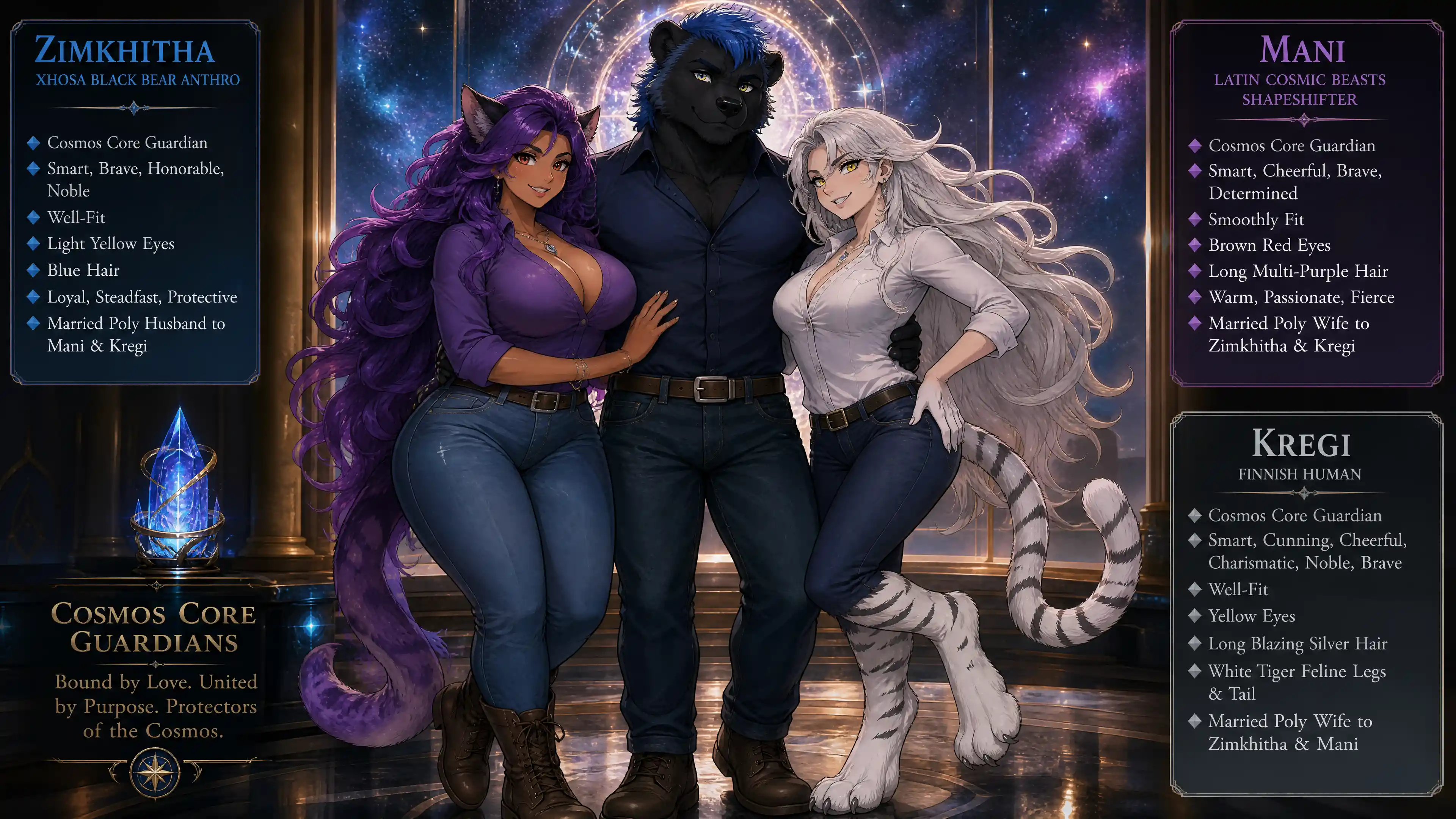 Cosmic guardian trio with human and anthro companions