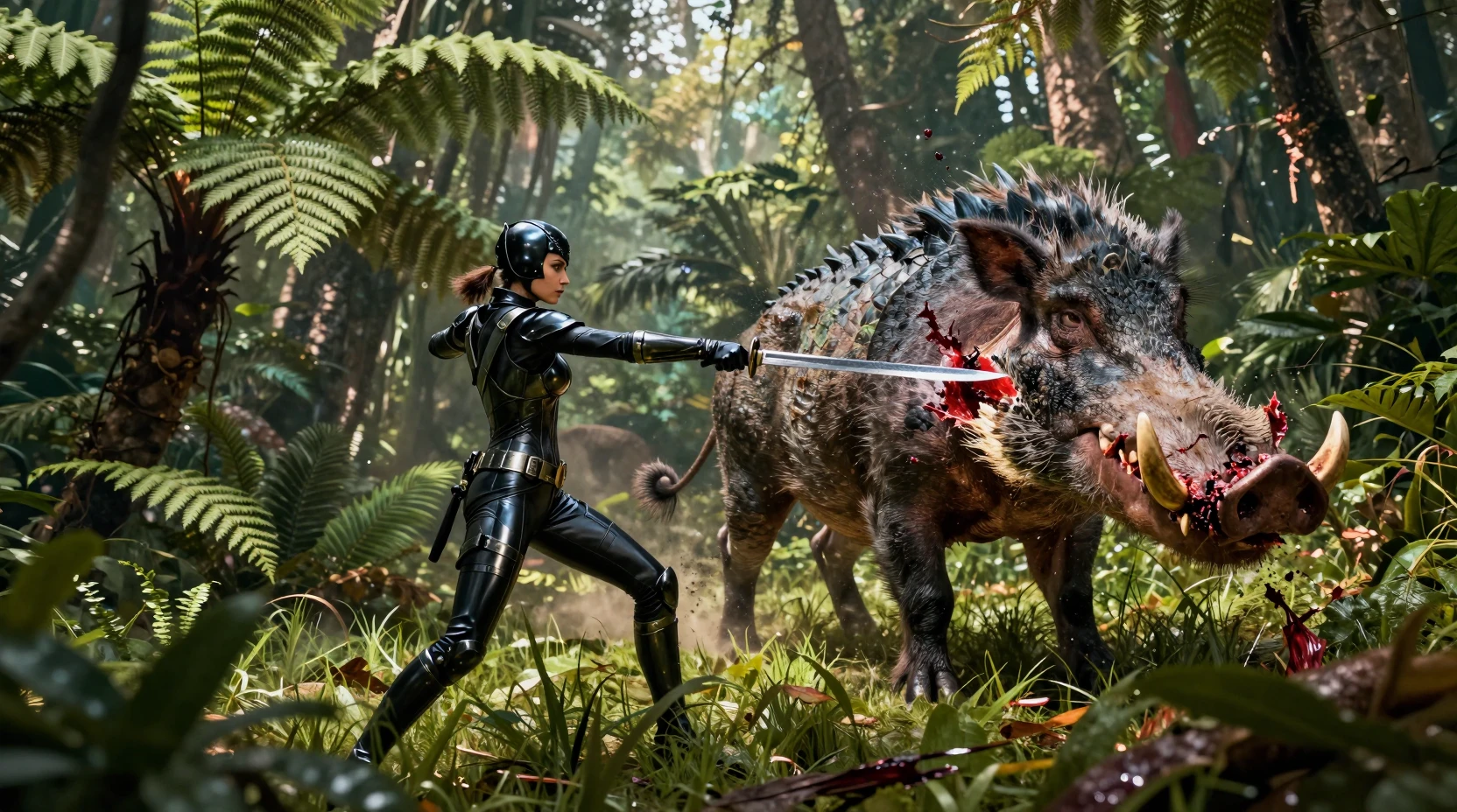 Armored warrior slashing beast in sunlit jungle