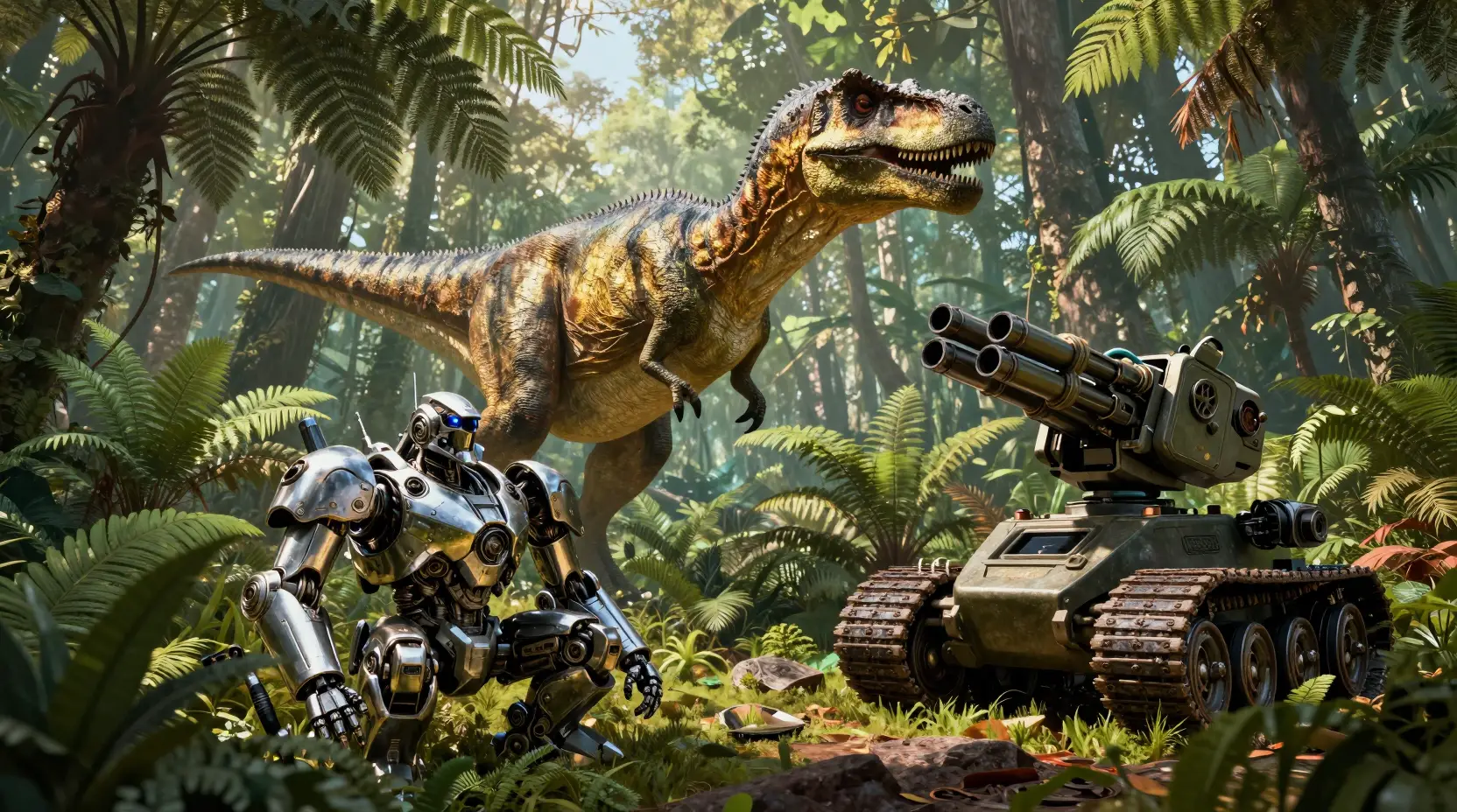 Goldener Dinosaurier ragt in üppigem prähistorischem Farnwald empor