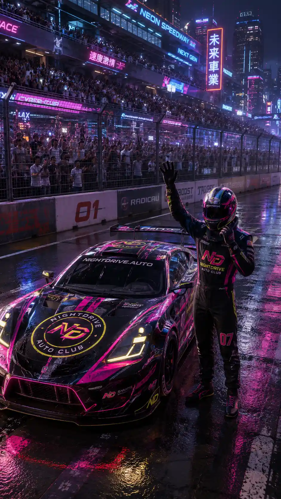 Cyberpunk race car and driver on summer track