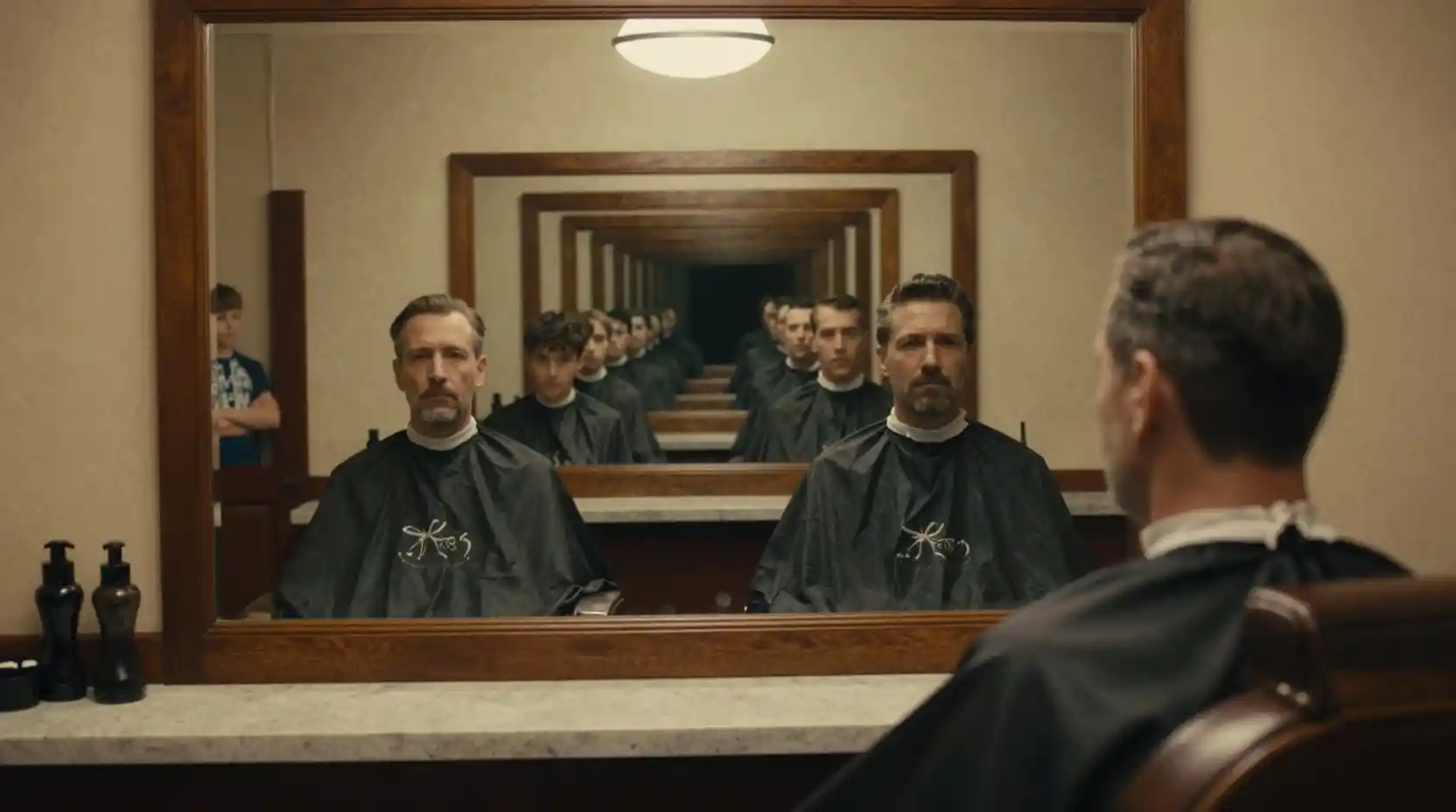 Middle aged man reflecting on his past in barbershop mirror