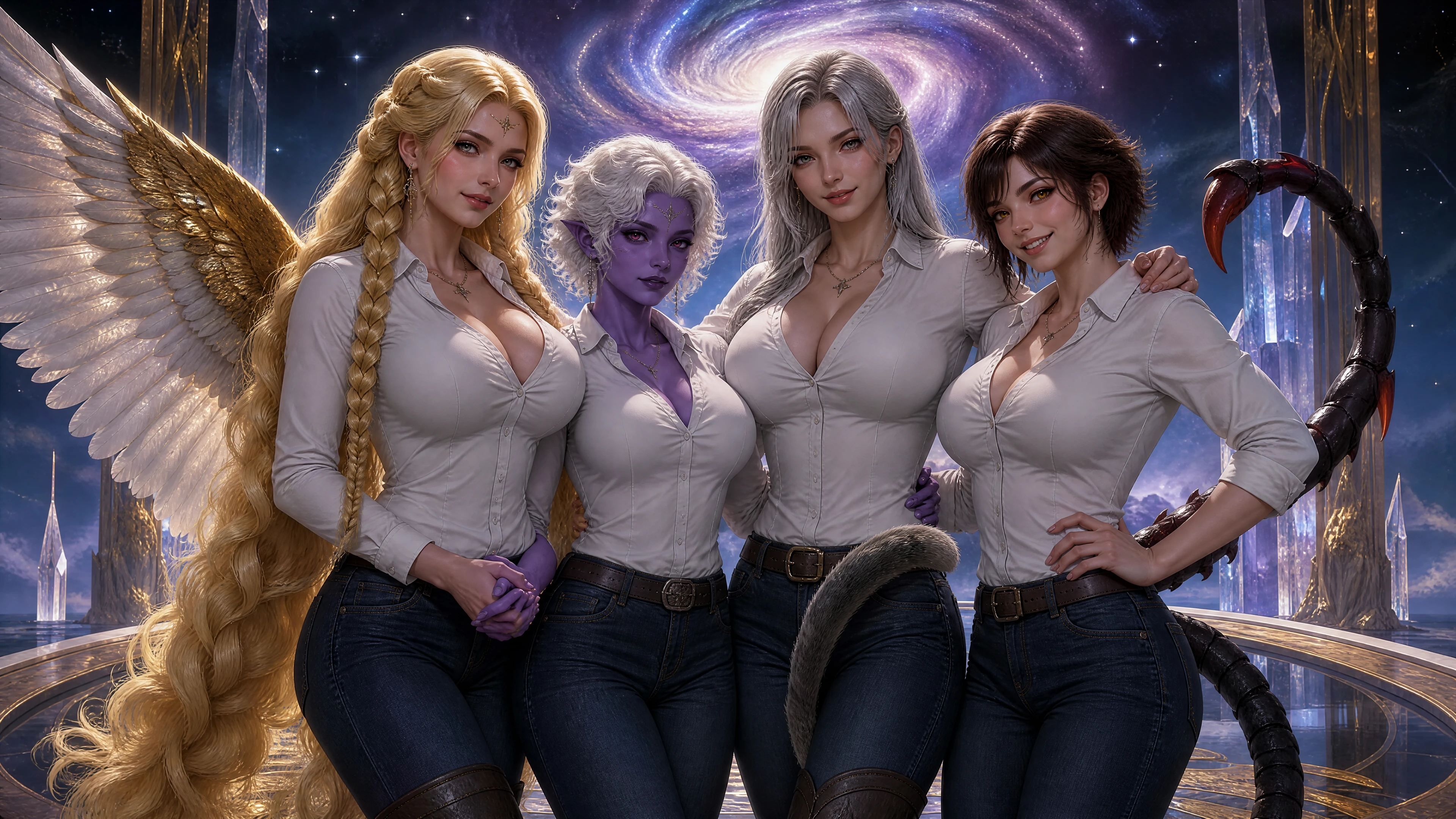 Guardianas cósmicas quatro mulheres com asas e caudas celestiais