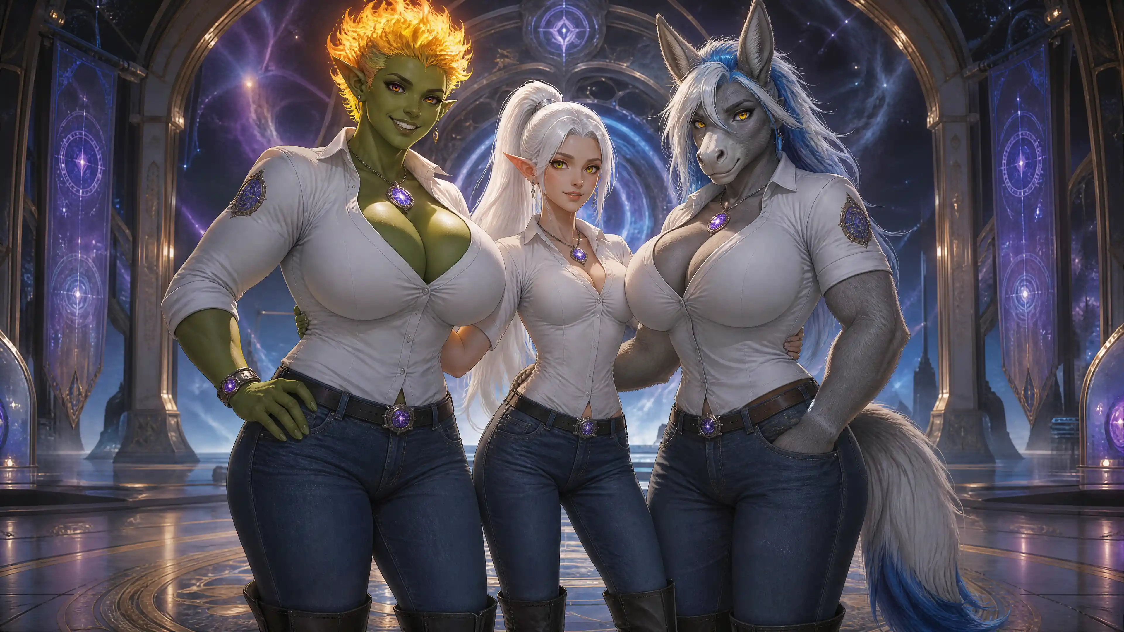 Tall green troll woman guardian with cosmic energy