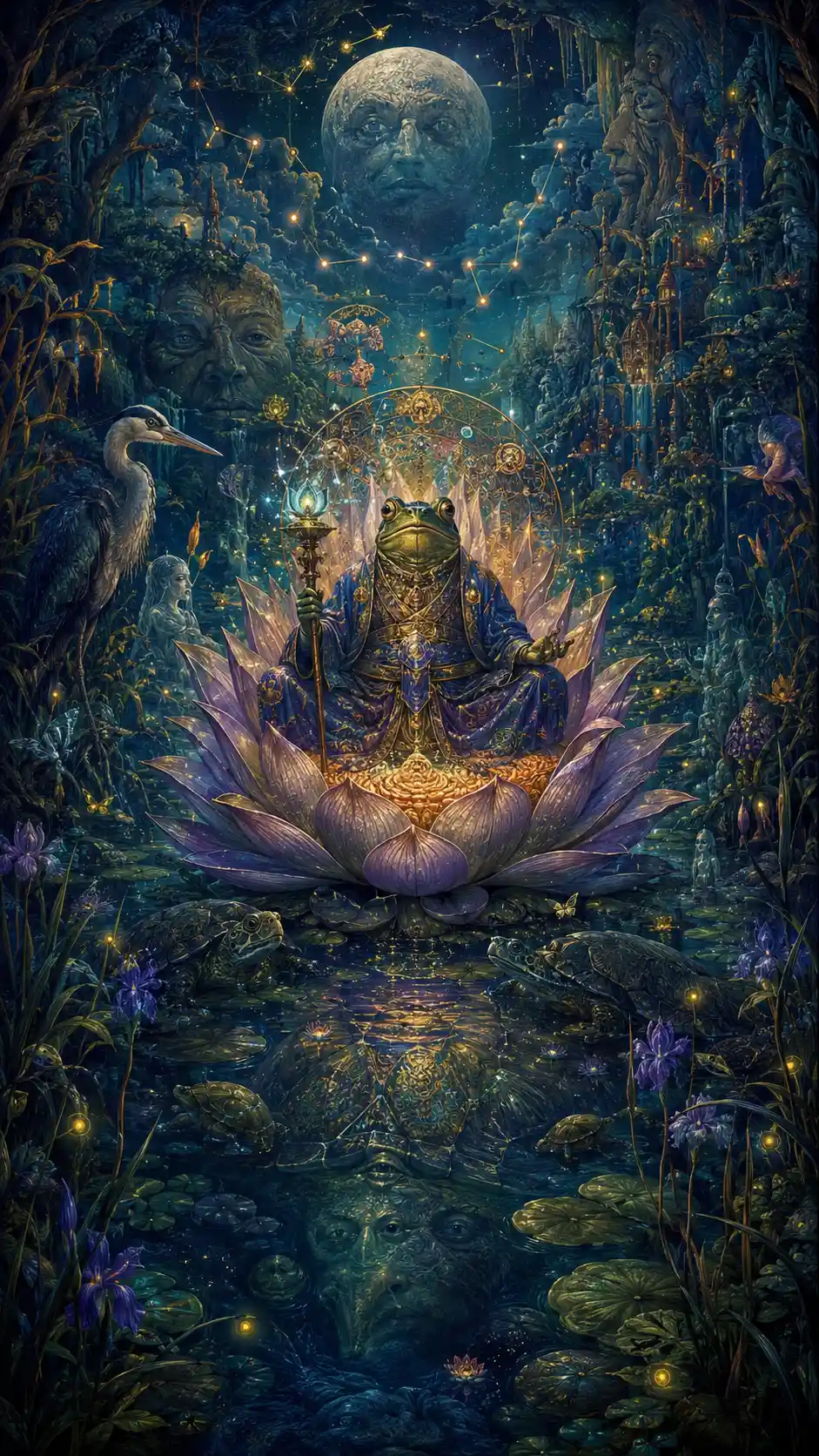 Frog Oracle On Lotus Throne In Enchanted Marsh