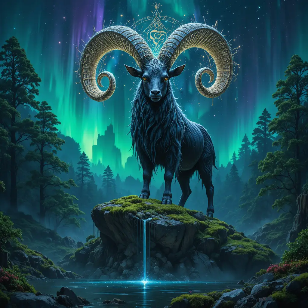 Majestic mystical goat on cosmic rock in enchanted forest