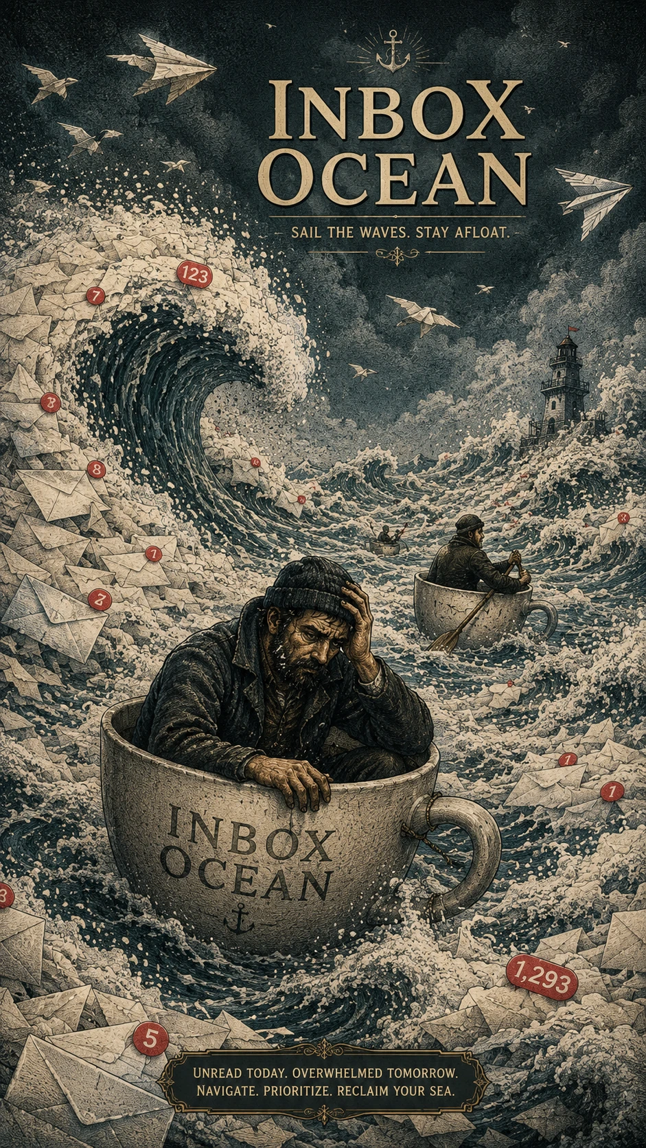 Bandeja de entrada surreal: océano de sobres formando olas rompientes