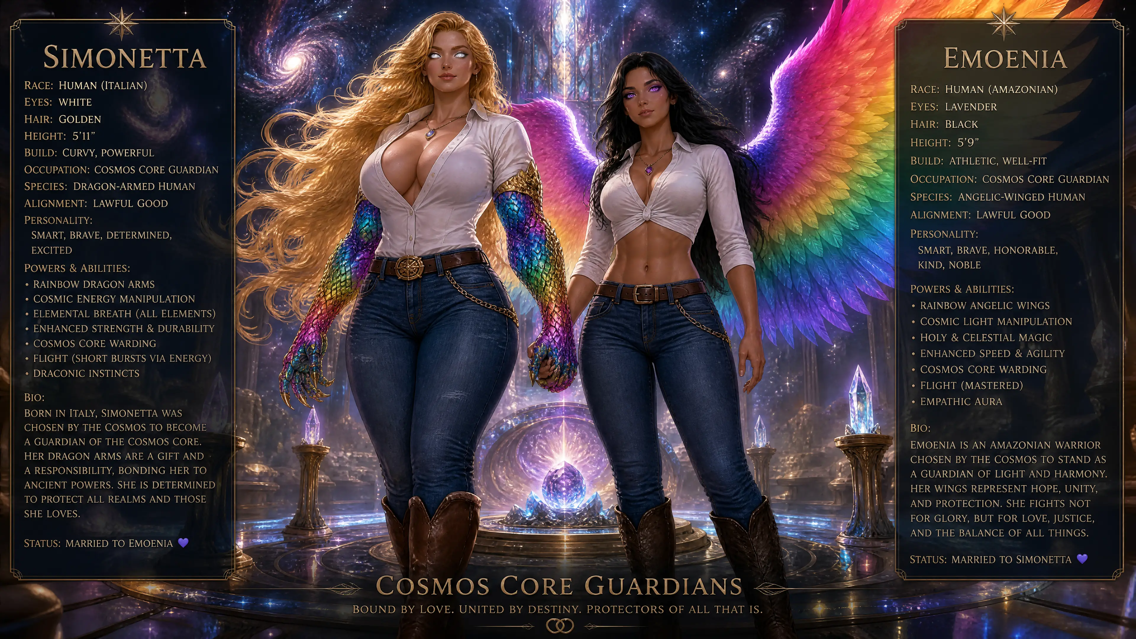 Two fantasy women guardians with dragon arms and angel wings