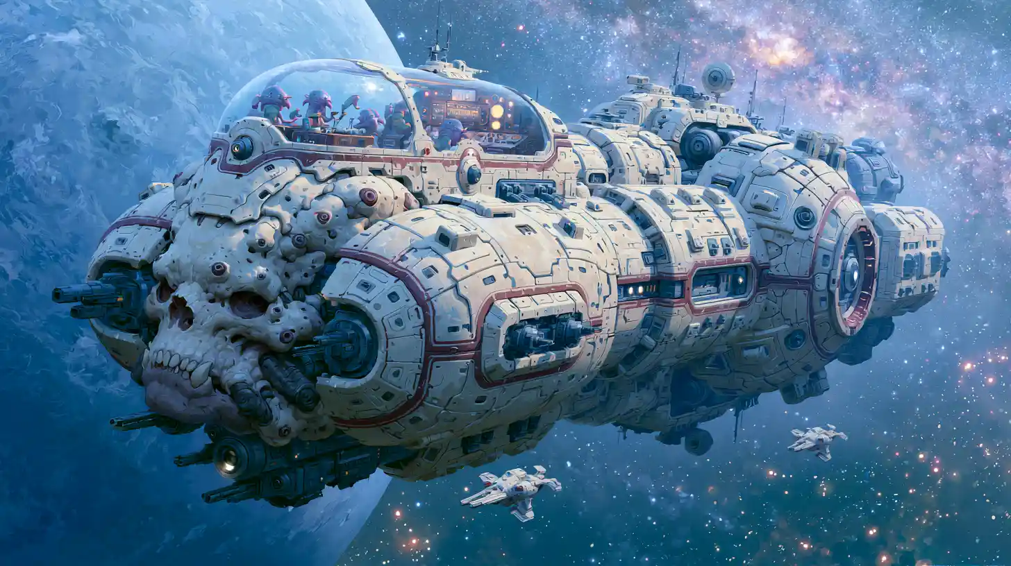 Alien skull warship passing a distant blue planet