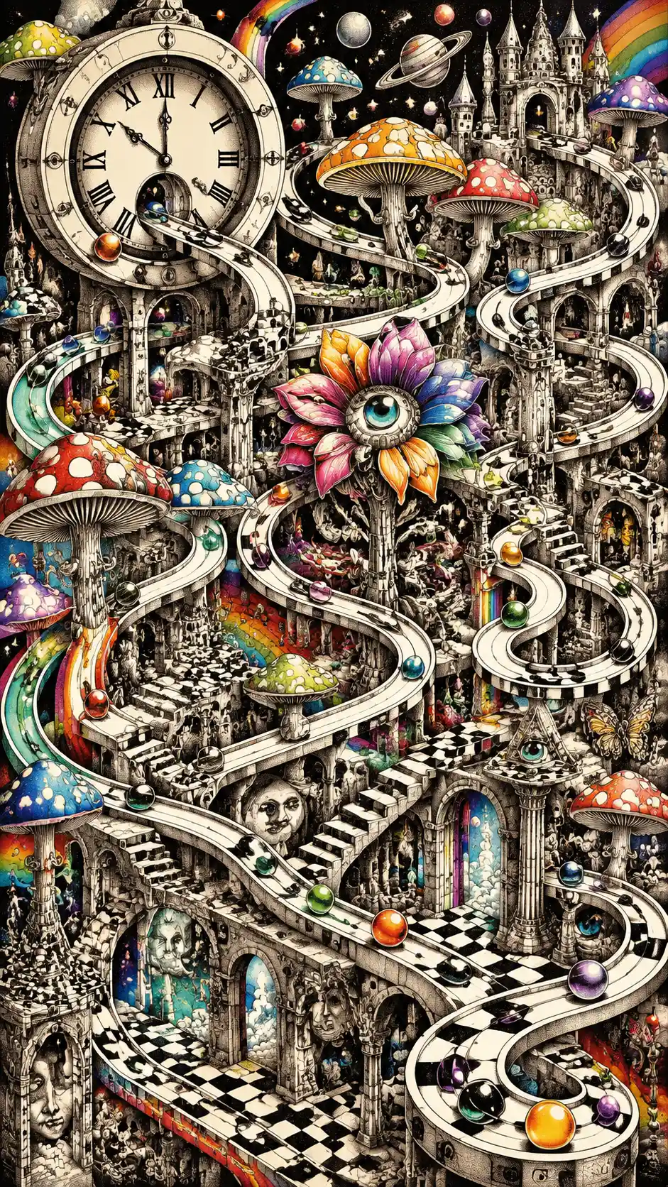 Enormous surreal marble run carved into fantasy mountains
