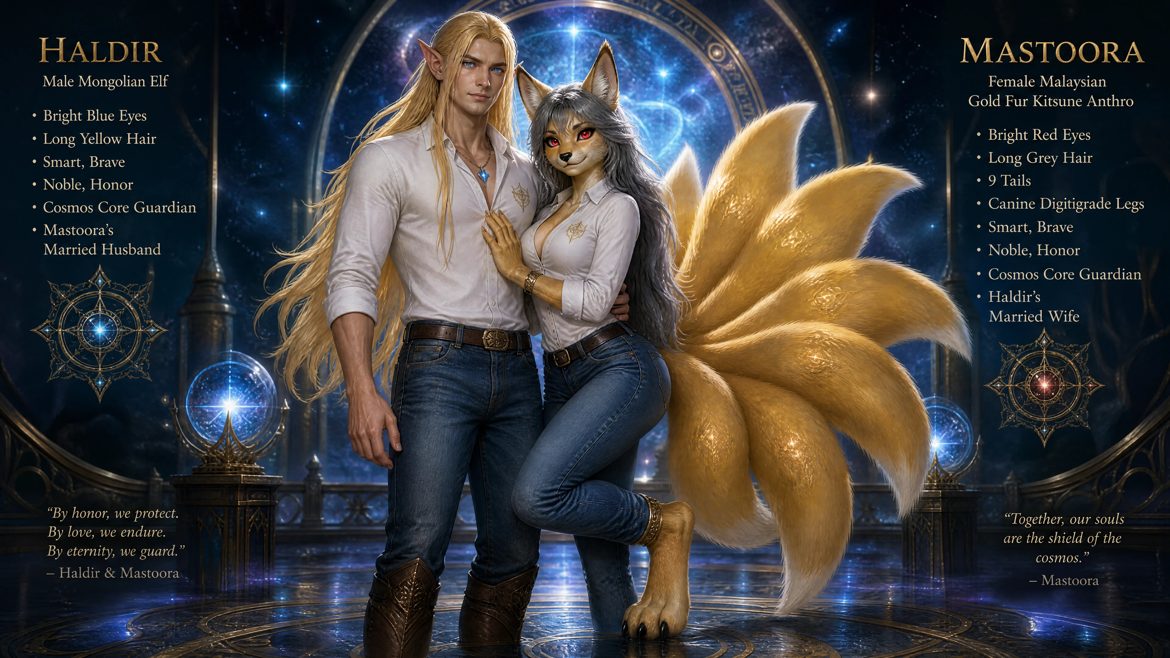 Guardiano elfo mongolo in piedi con moglie kitsune antropomorfa