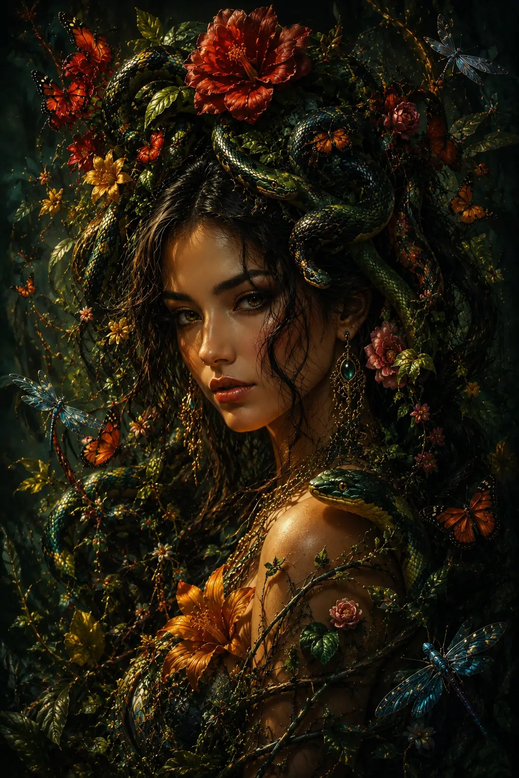 Dunkles Fantasy-Porträt einer gekrönten Frau mit botanischen Elementen