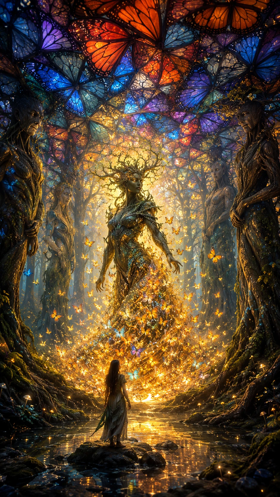 Forest guardian emerging from glowing butterflies in enchanted woods