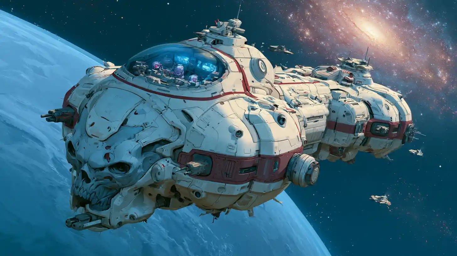 Alien Skull Space Cruiser Gliding Past A Blue Planet