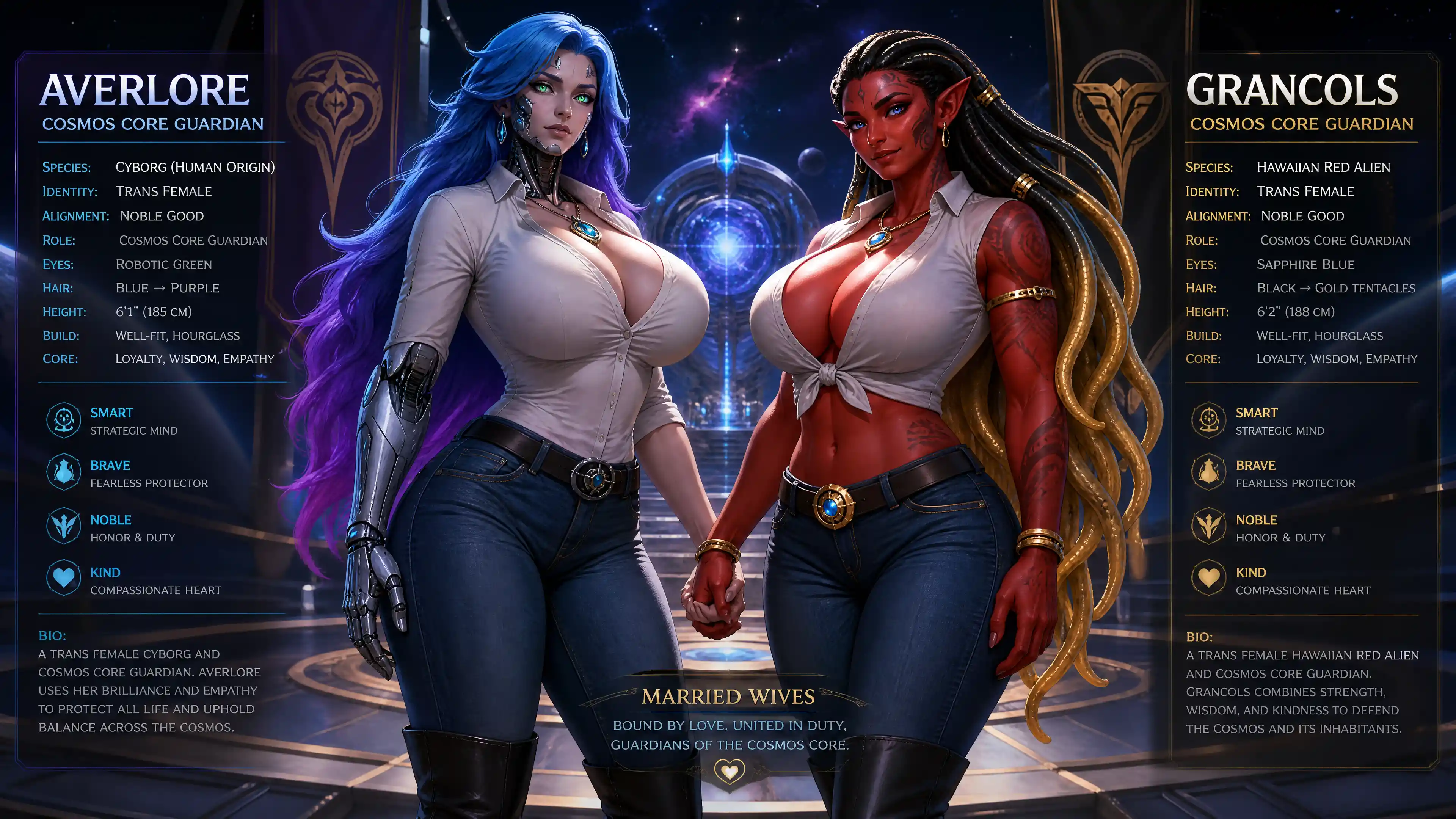 Trans female cyborg guardian with cosmic background