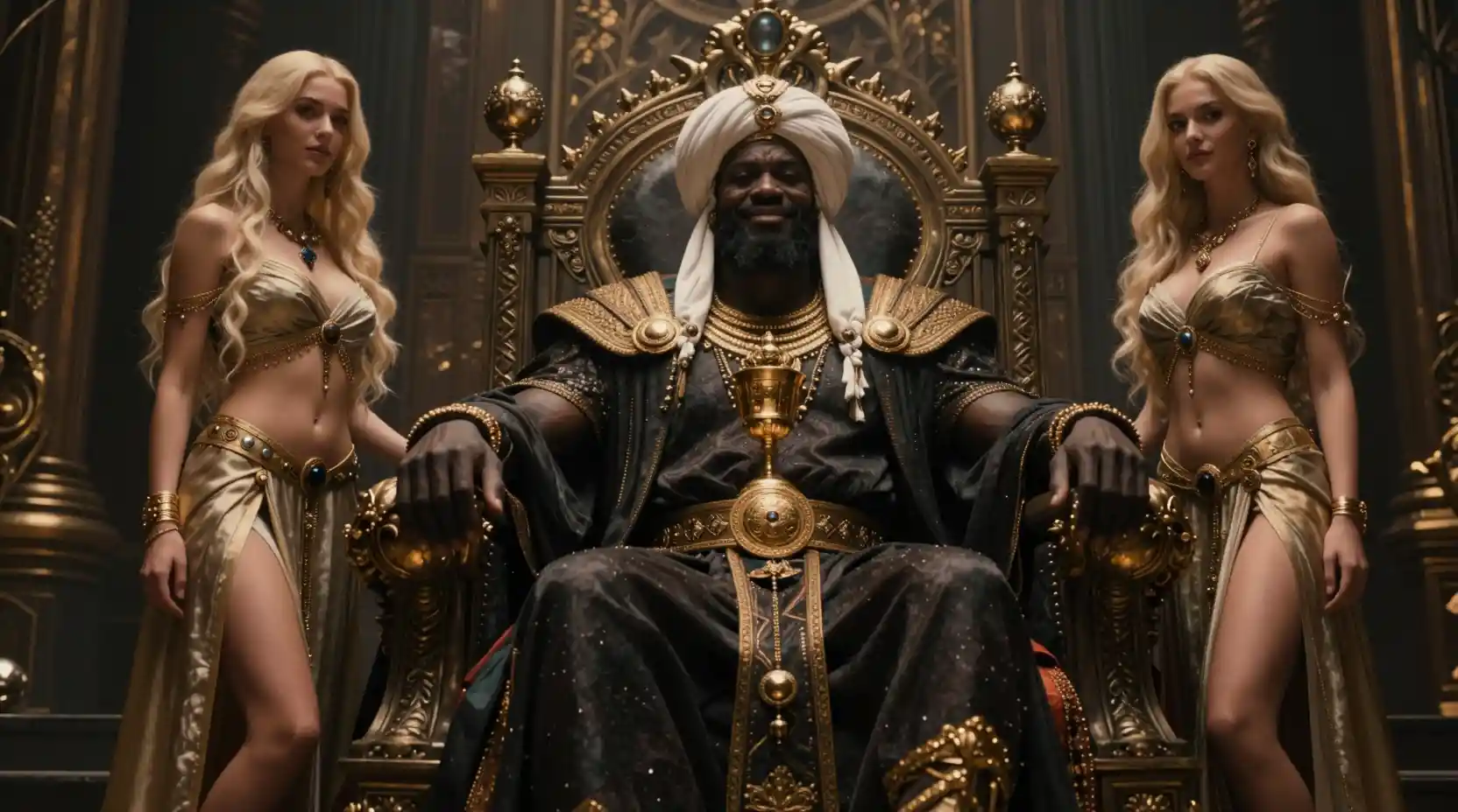 Dark fantasy king on throne with loyal attendants