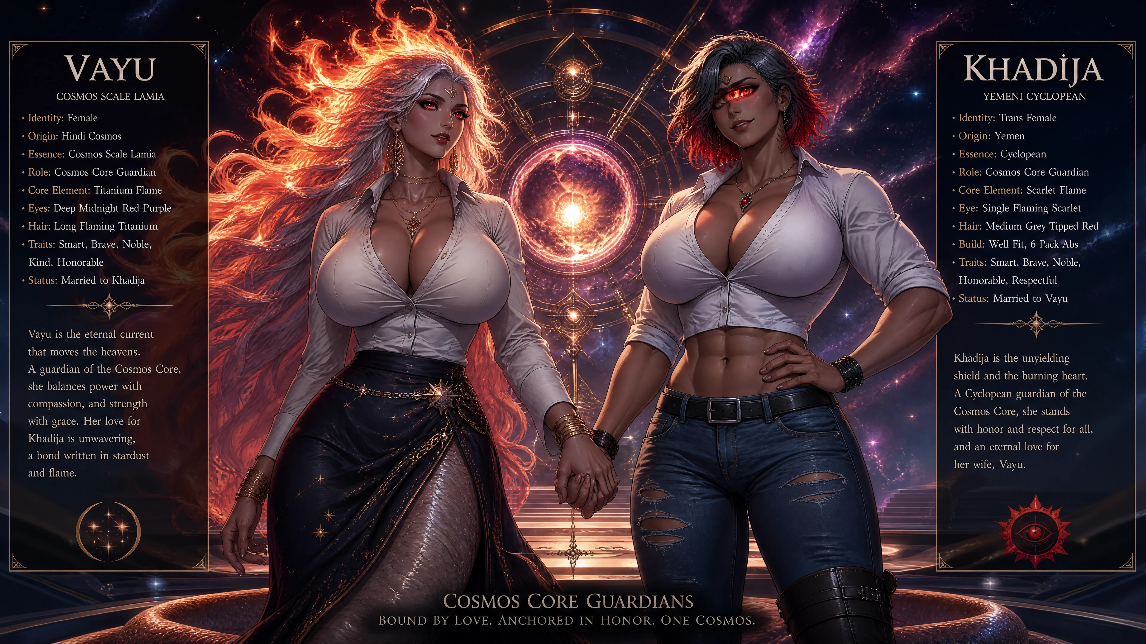 Cosmic lamia guardian woman with flaming titanium hair