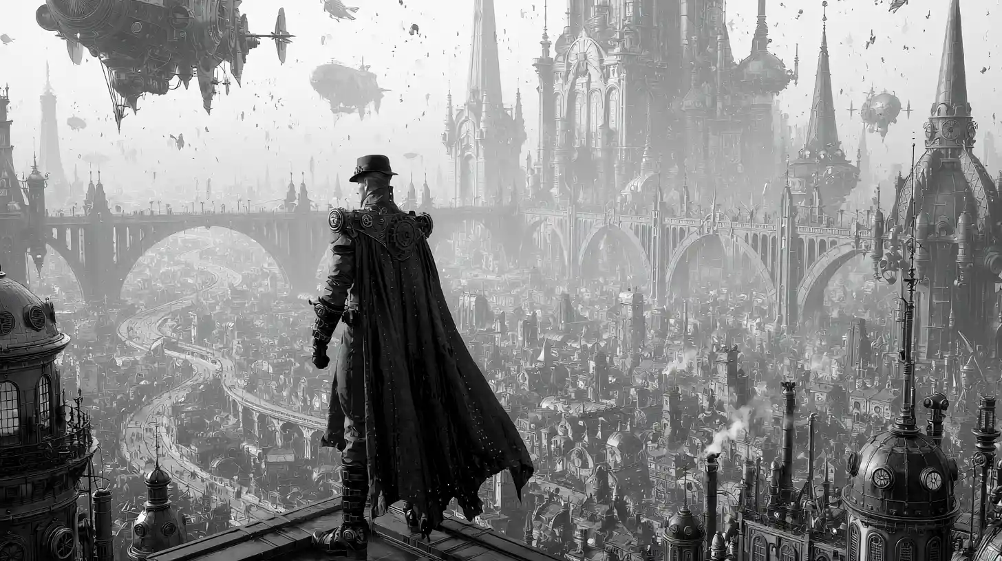 Steampunk superhero overlooking a sprawling retrofuturistic city
