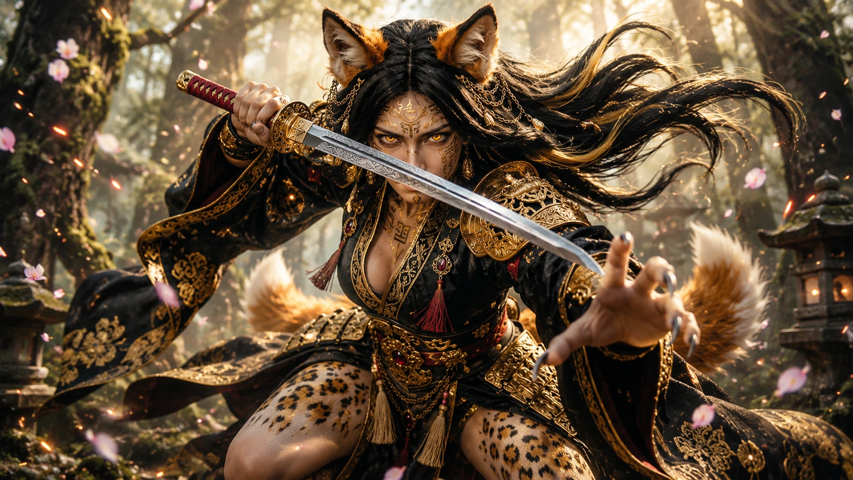 狐狸戰士女王蓄勢待發於魔幻森林中