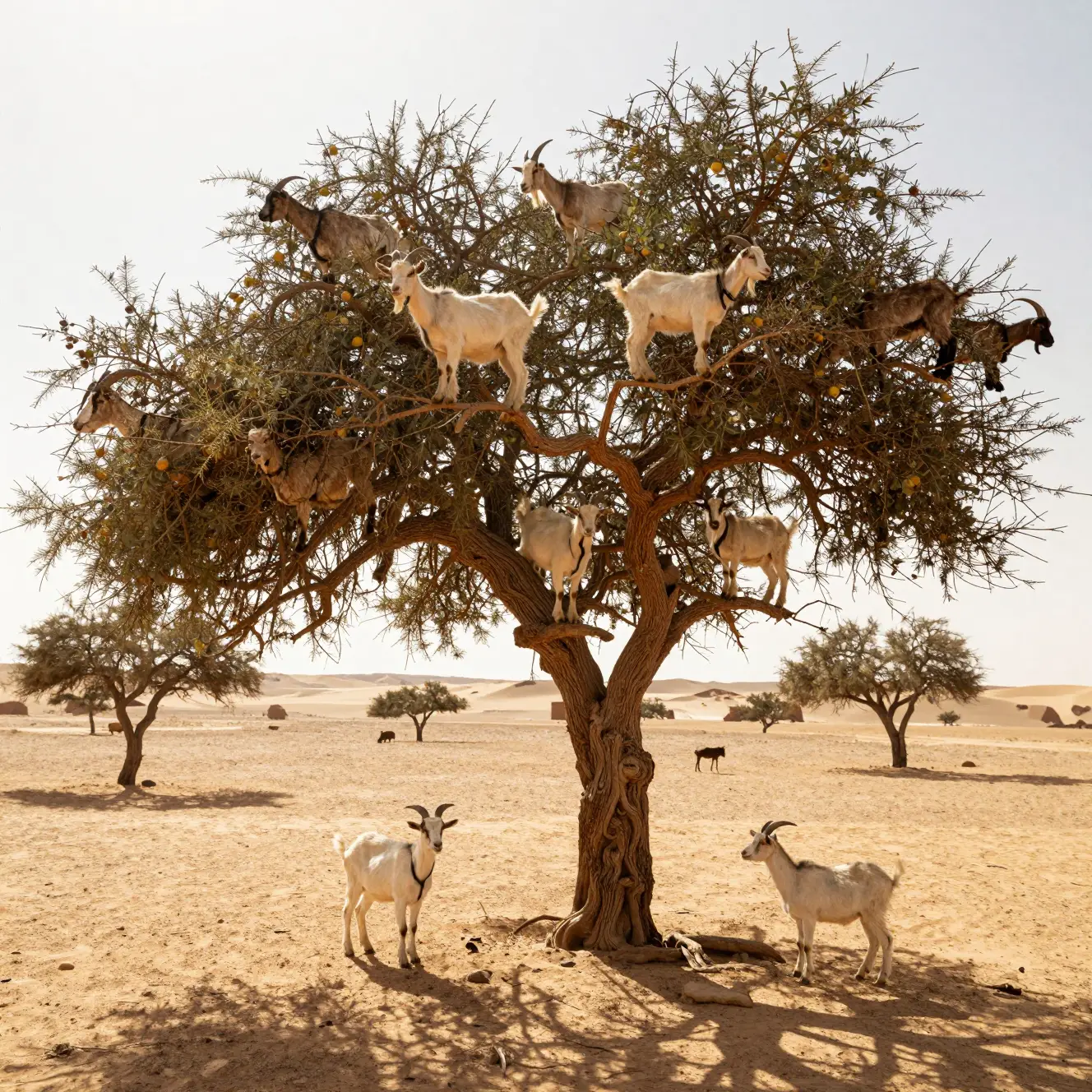 Goats Perched In A Desert Argan Tree In Sunlight