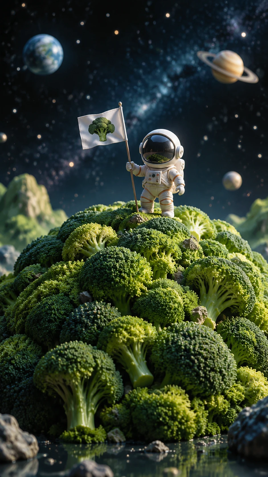 Cartoon-Astronaut auf winzigem Brokkoli-Planeten im All