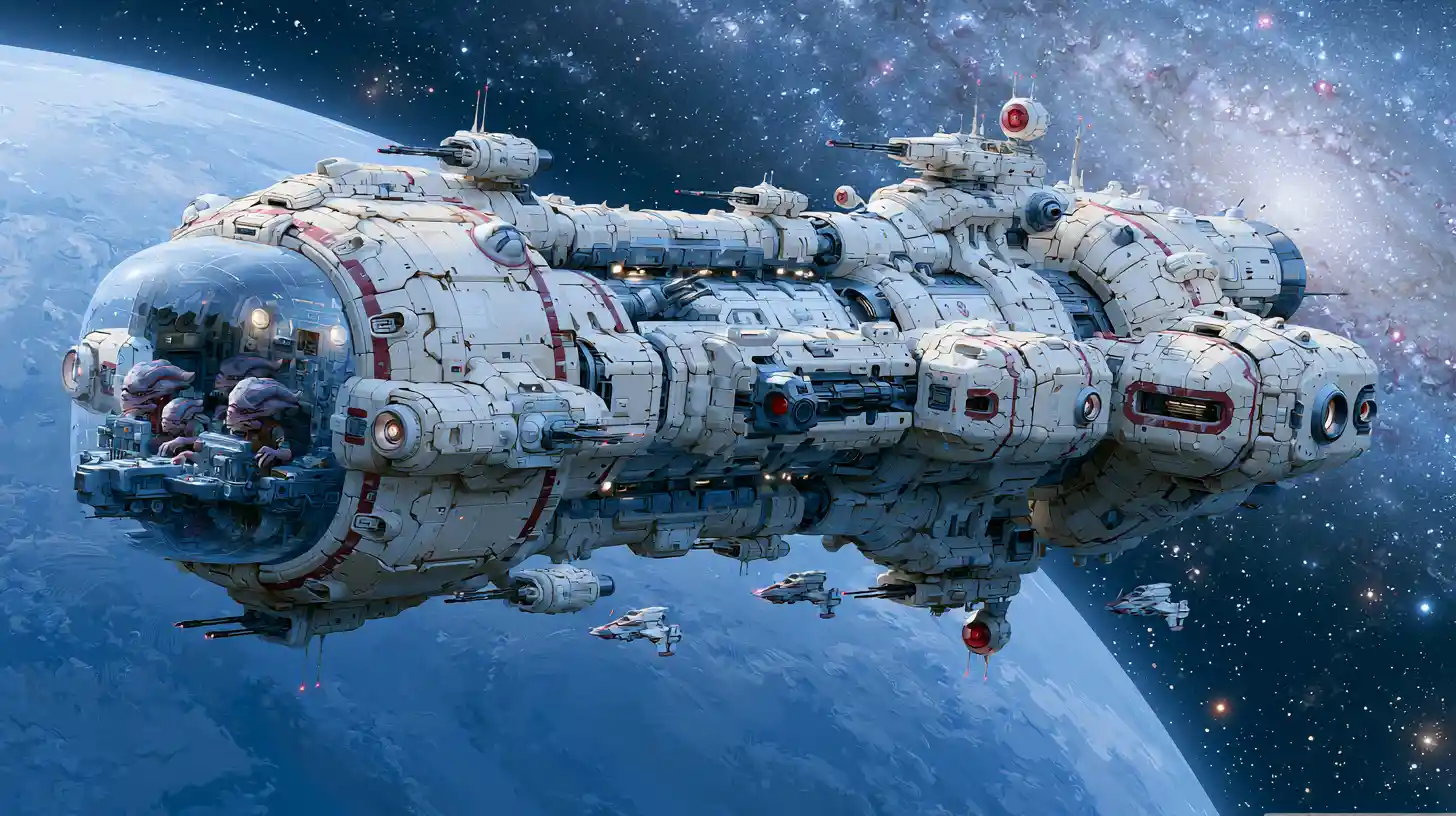 Alien cruiser sneaking past a blue planet in deep space