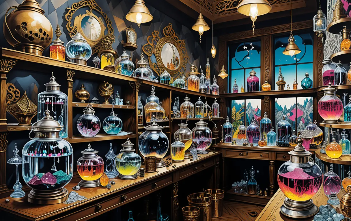 Boutique d’apothicaire mystique aux lanternes néon lumineuses