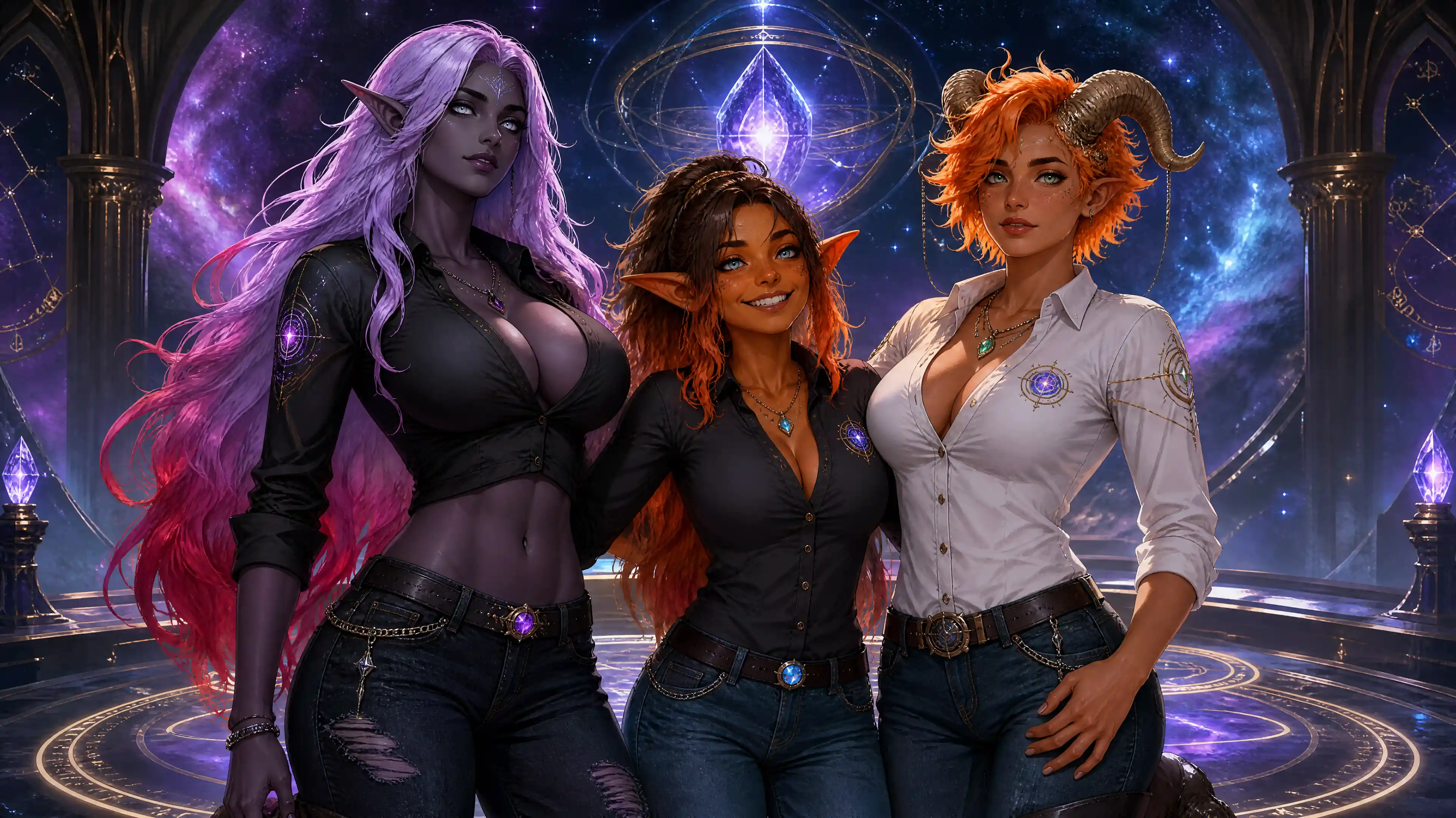 Three cosmic guardians standing together in casual clothes