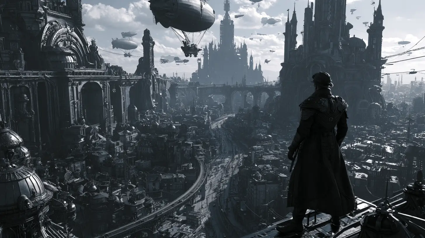 Steampunk superhero overlooking a sprawling noir cityscape