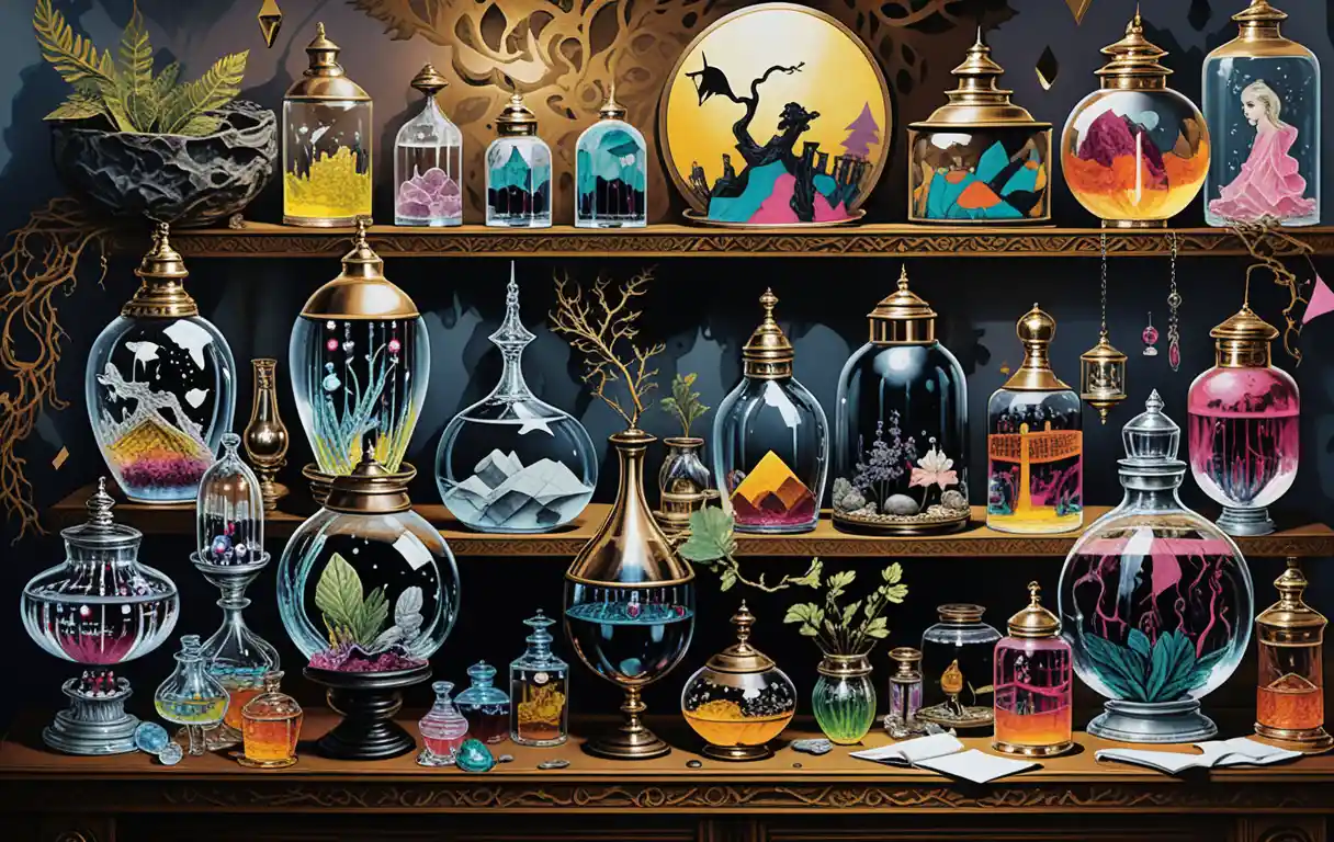 Mystical apothecary shop glowing with neon lantern light