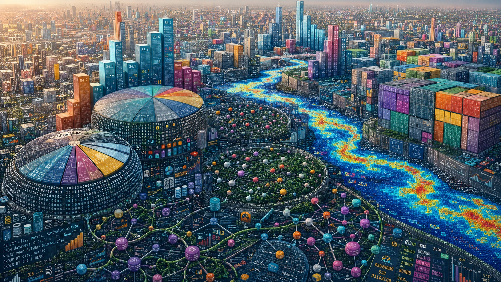 Futuristic cityscape built entirely from data visualizations