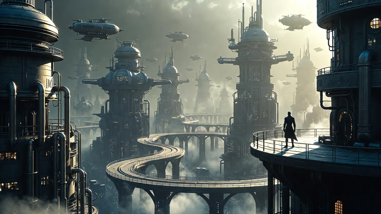 Super-herói steampunk observando uma vasta cidade retrofuturista