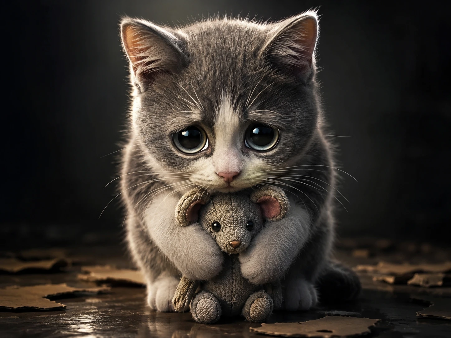 Gatinho 3D tímido com olhar doce e cheio de saudade