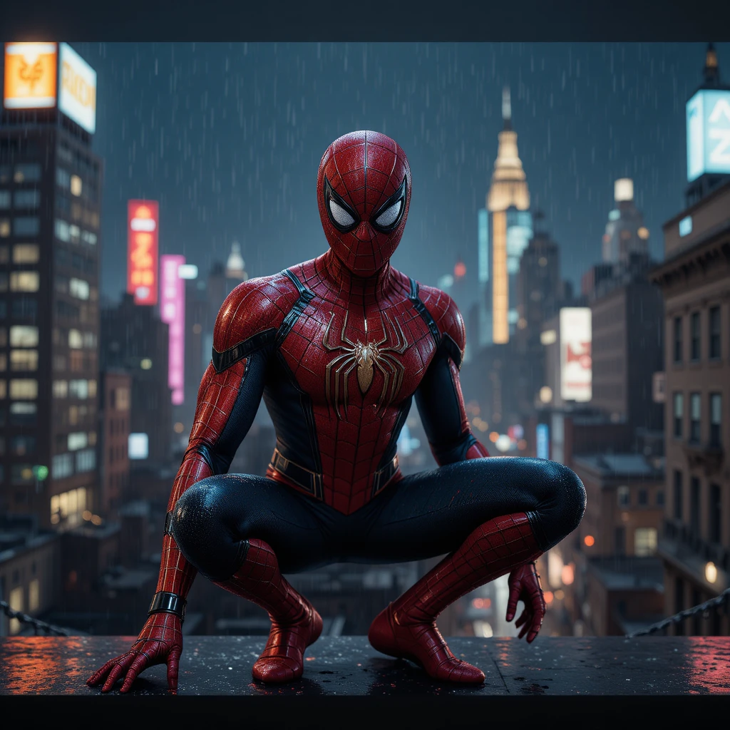 Super-herói em telhado de cidade chuvosa à noite em visão cinematográfica