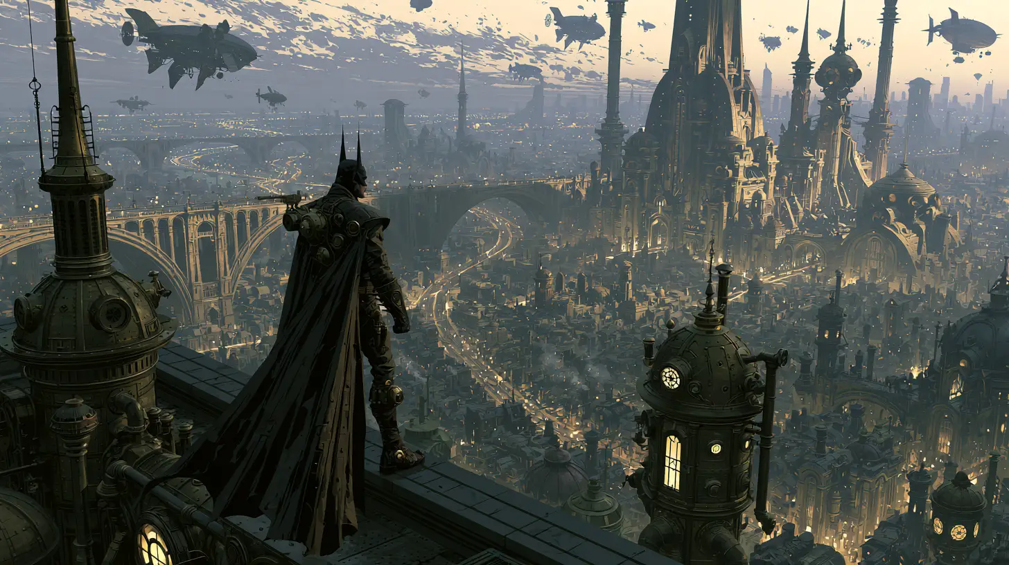 Steampunk superhero overlooking a sprawling noir cityscape