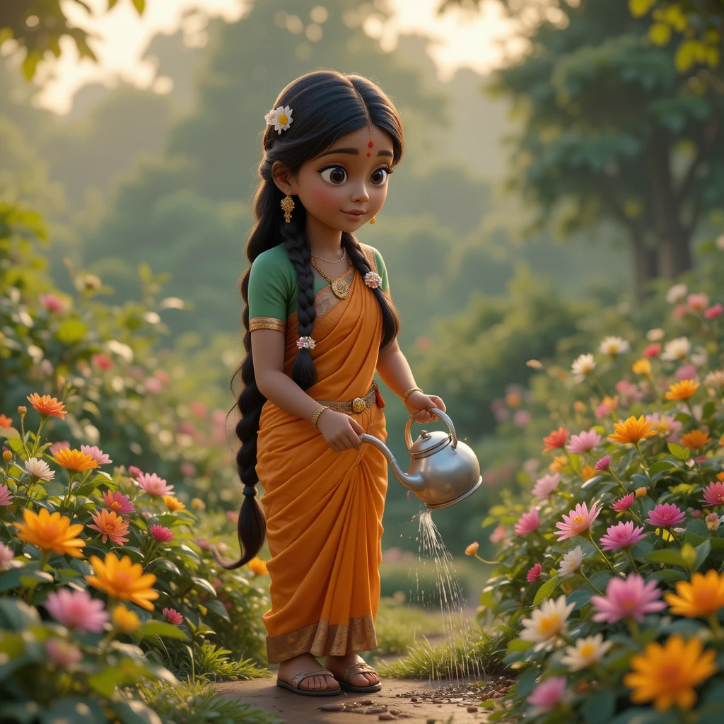 Mãe indiana regando flores em um jardim ao nascer do sol