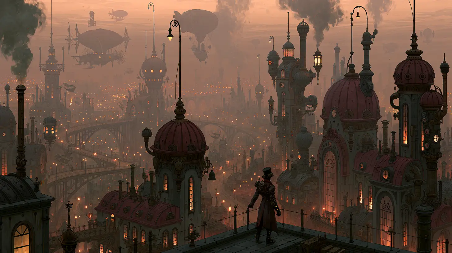 Steampunk superhero overlooking sprawling retrofuturistic noir city