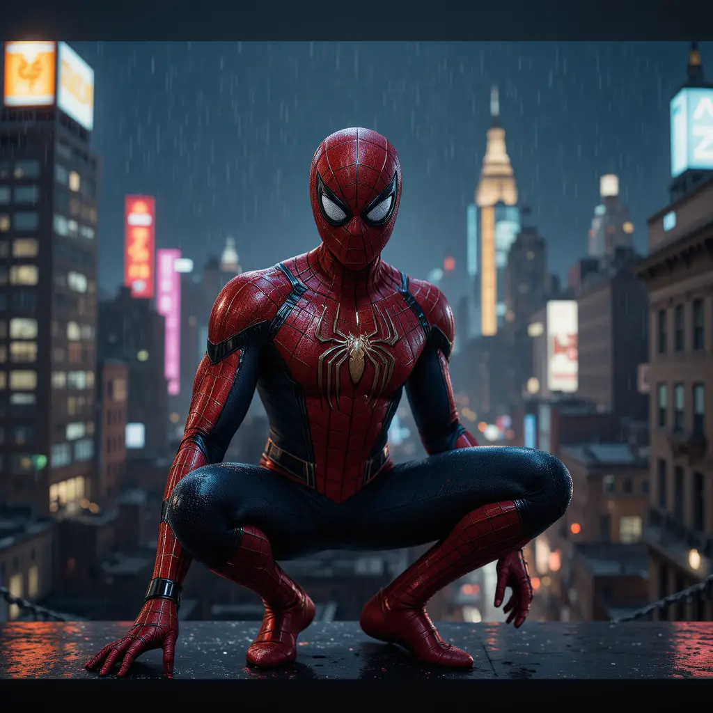 Superhero on rainy city rooftop at night in cinematic view