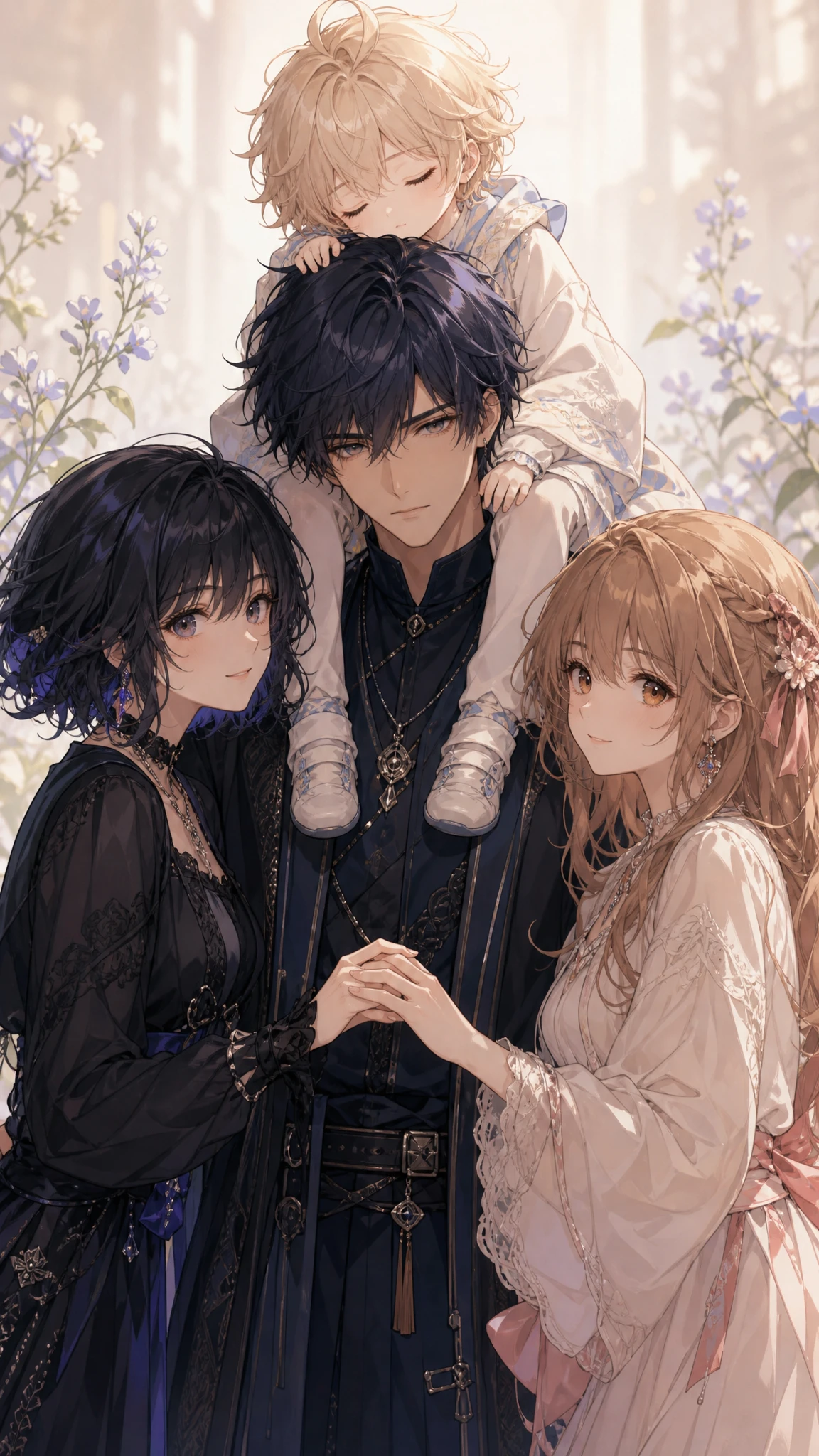 Anime-Familienporträt mit jungem Mann und Kind