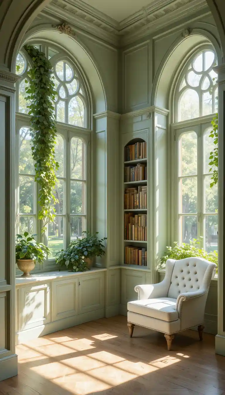 Sunlit sage green reading nook with elegant armchair