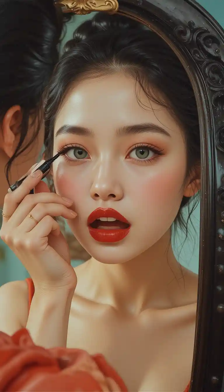 Pin-up japonaise appliquant du mascara devant son miroir