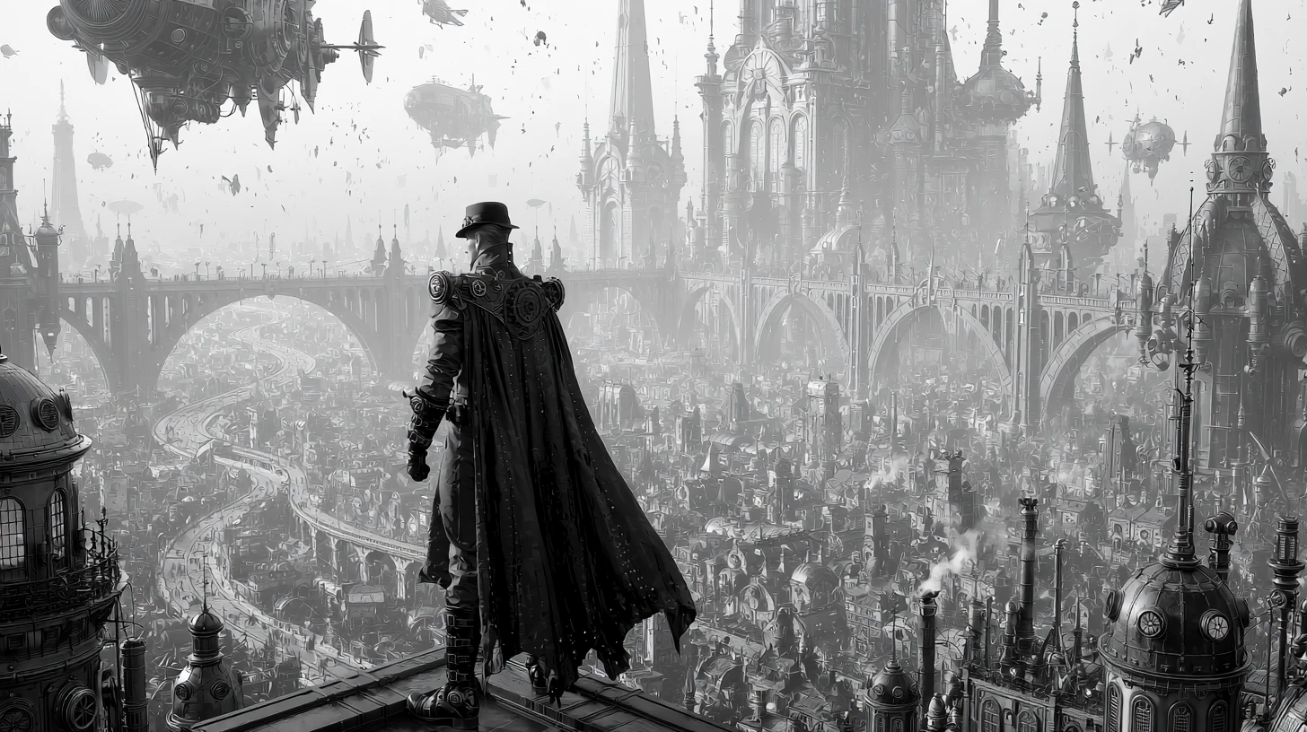 Super-herói steampunk observando uma vasta cidade retrofuturista