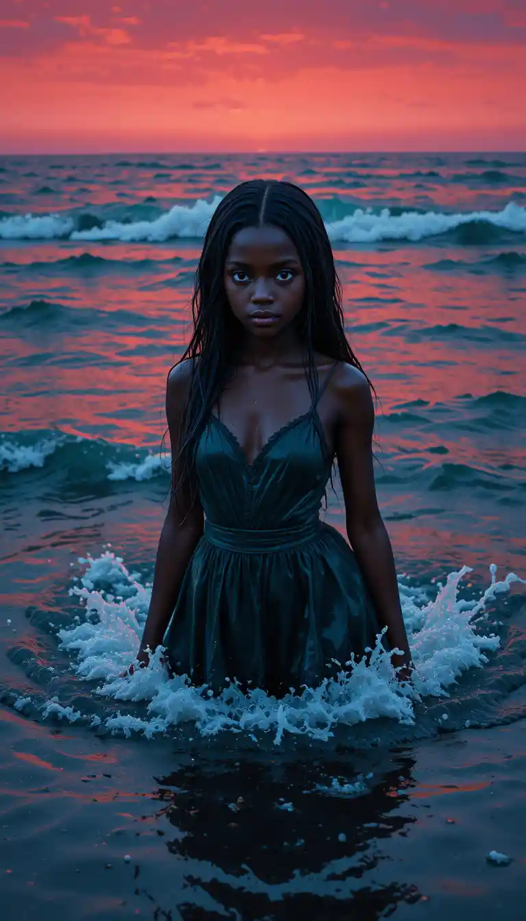 Girl With Blue Eyes Emerging From Dark Ocean Waters
