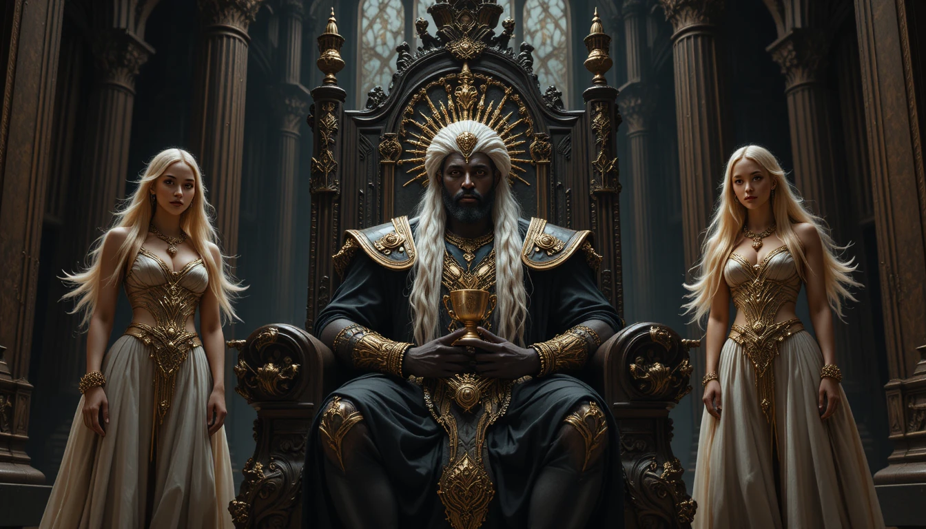 Rei de fantasia sombria no trono com atendentes leais