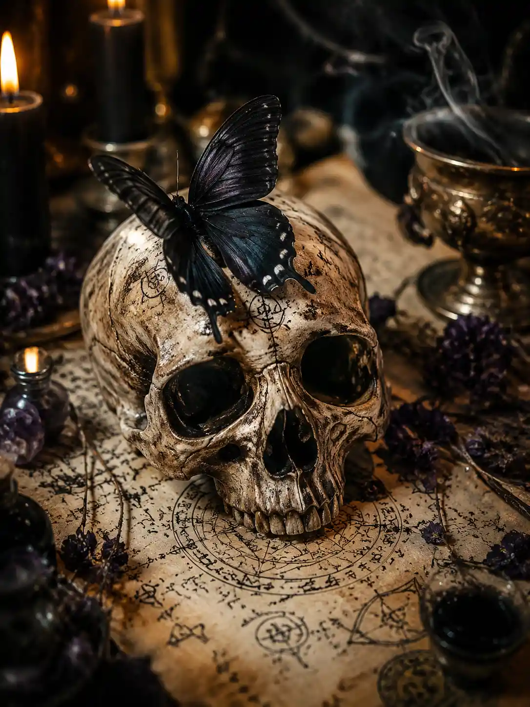 Skull With Black Butterfly On Spell Parchment And Incense