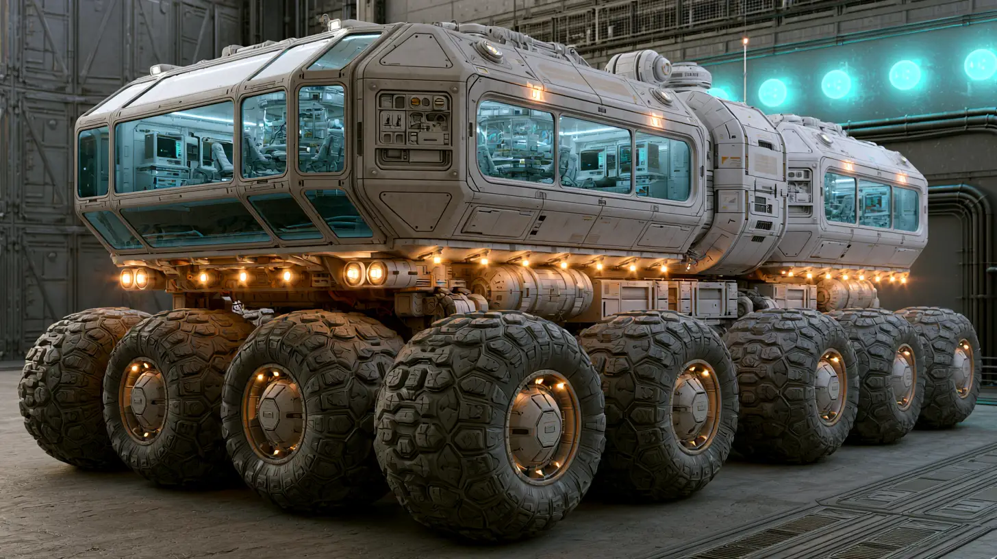 Futuristic Exploration Rover In Industrial Studio Hangar
