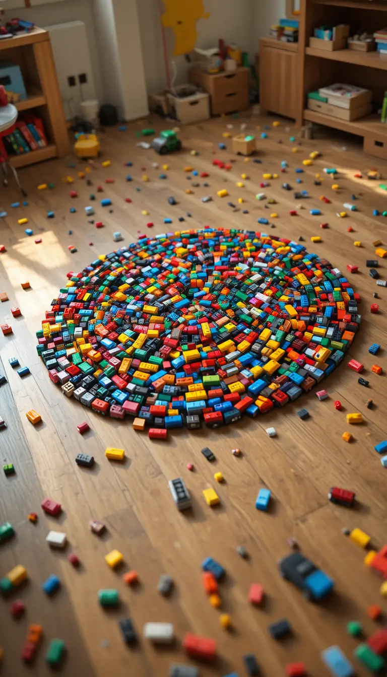 나무 바닥 위에 배치된 컬러풀한 레고 자동차 로고